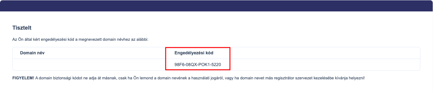 A hiteles Engedélyezési kód a .hu domain átregisztráció esetén