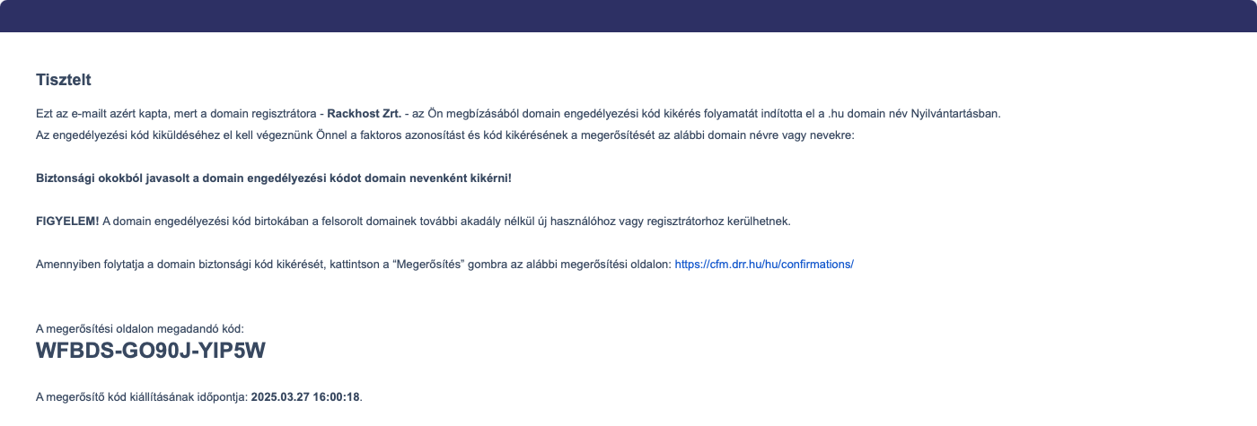 A domain árregisztrációhoz szükséges Engedélyezési kód kikérésének megerősítése