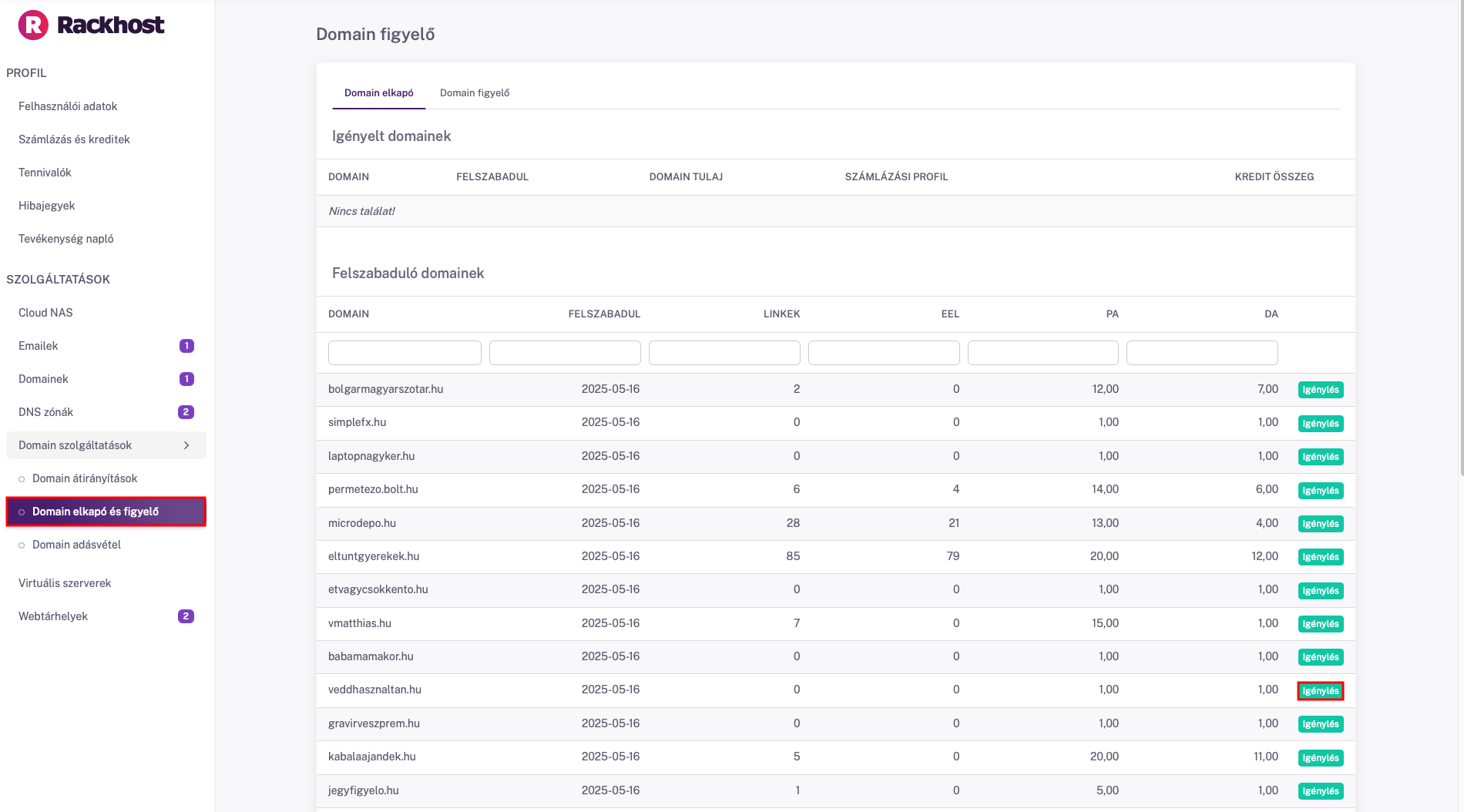 Domain elkapó és figyelő menüpont a Rackhost felületén