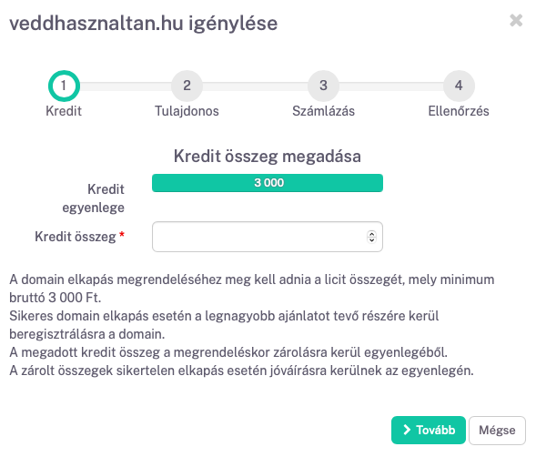 Kreditösszeg megadása domain elkapásához a Rackhoston
