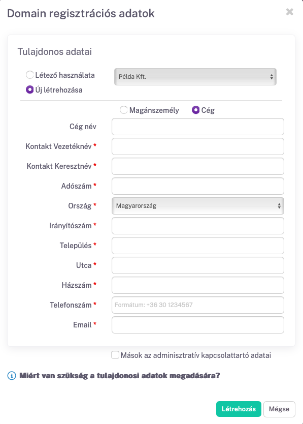 Domain tulajdonosi adatok megadása domain regisztrációhoz, átregisztrációhoz a Rackhost felületén