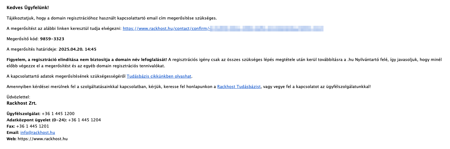 Kapcsolattartó email cím megerősítése a Rackhoston