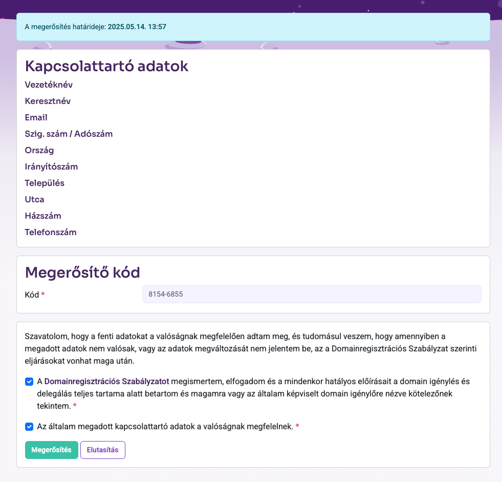 Domain kapcsolattartói adatok megerősítése a Rackhoston keresztül